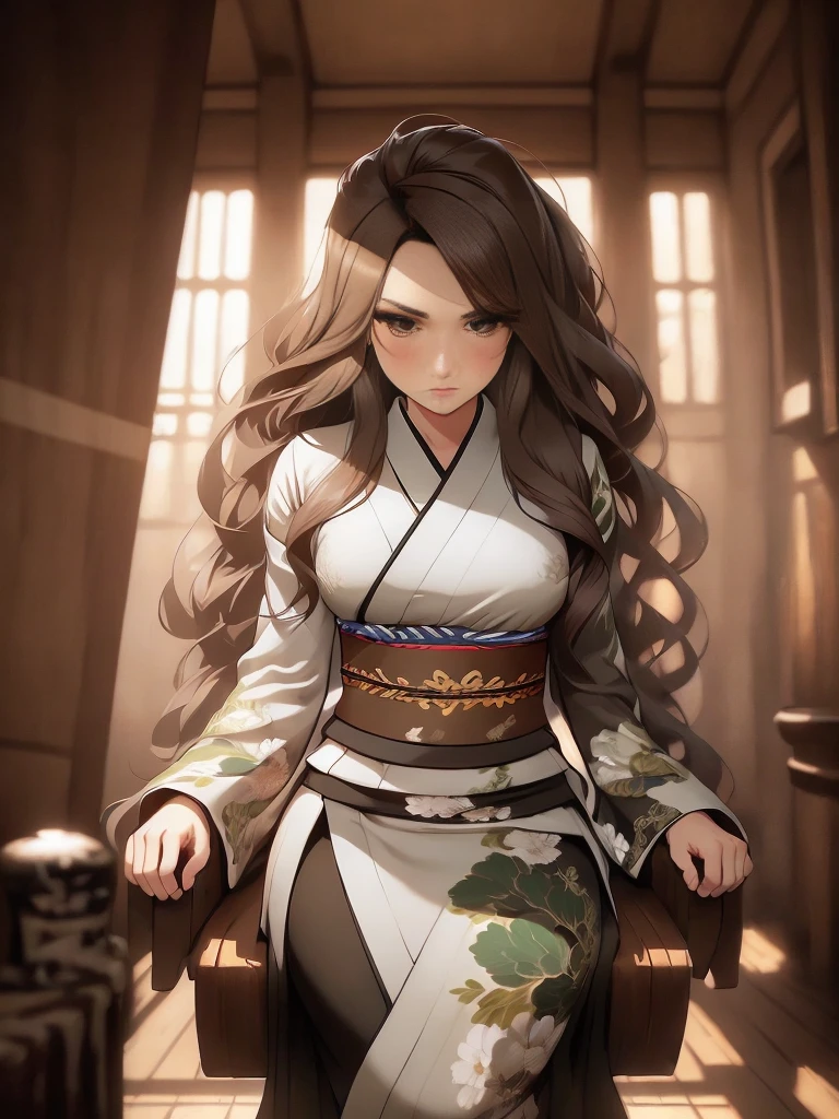 (Caucasianwoman, female,brown hair, pale, brown eyes, solo portrait, natural breasts) green kimono, long flowing kimono, green dress, green clothing full body, smiling, standing inside, good lighting, daytime, ( inside of a castle, medieval setting, sitting in a throne), ((masterpiece, best quality)), art by greg rutkowski,  (detailed Bonifasko lighting), (detailed face), (detailed skin), BREAK, (( flowing hair)), ((facing viewer)), (cinematic lighting), ((detailed background)), ((full body portrait view)), (((full body view))), (half body shadow), [backlighting], [crepuscular ray], [detailed ambient light], [gray natural lighting], [ambient light on the belly], [sharp focus], (questionable content), (shaded), ((masterpiece)), Commission for High Res,Sakimichan beautiful, masterpiece, natural breasts, medium breasts, best quality, detailed image, bright colors, detailed face, perfect lighting, perfect shadows, perfect eyes, girl focus, brown eyes, flawless face, face focus, gaze at the viewer, half-closed eyes, 1girl, solo, full body, (masterpiece:1.21), (best quality:1.2), (illustration:1.2), (cinematic lighting:1.3), detailed skin, balanced coloring, global illumination, ray tracing, good lighting, ((brown hair, green kimono))