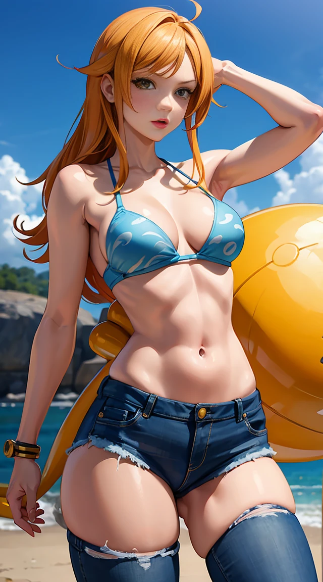 (masterpiece, Highest quality),Browsing Caution,Cartoon photo of a woman in a bikini top and jeans, Anime drawings inspired by Masamune Shirow, Pixiv, Self-sastructing art, Enchanting anime girl, Nami One Piece, Biomechanical , Nami from One Piece, Pixiv 3dcg, , I also make fan art, top rated on Pixiv