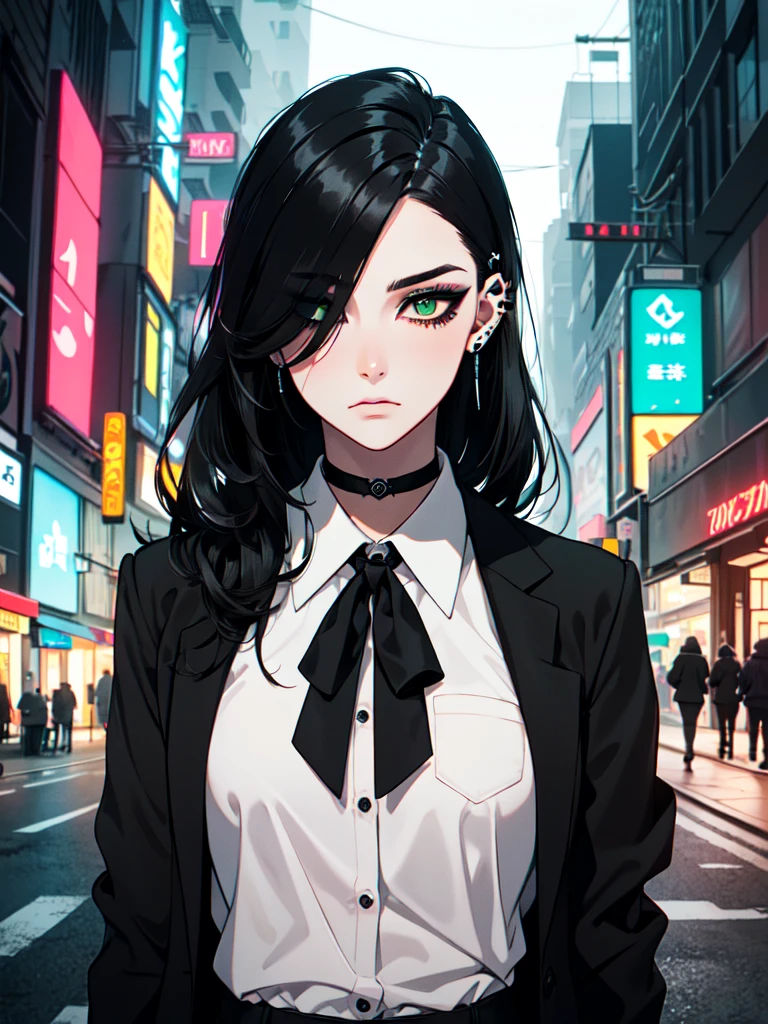 1girl, ((hair over eye)), (tight black lace blazer), black tie, ((long hair)), ((straight hair)), (((black hair))), side swept bangs, white skin, pale, white, (green eye), tired expression, choker, ((dark makeup, mascara, eyeshadow)), mole under eye, multiple piercings, best quality, 8k, cyberpunk city, neon streets, white shirt, erotic
