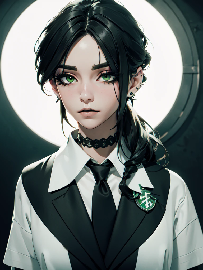 emo_hairstyle, ((tight black suit)), (black lace blazer), black tie, ((long hair)), ((straight hair)), (((black hair))), side swept bangs, white skin, pale, white, (green eye), tired expression, choker, ((dark makeup, mascara, eyeshadow)), multiple piercings, best quality, 8k, dark laboratory, dim lighting, white shirt, erotic, slytherin
