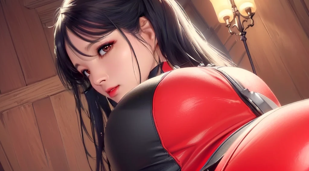 (（（Perfect body,White and tender skin,（（（BodySuit_lady_deadpool_ownwaifu，bodysuit, skin tight, superhero, Belt Pouch, utility belt, red bodysuit, gloves, weapon on back, thigh pouch, thigh strap, thigh holster, belt buckle, turtleneck, ）））,（（（ailisha，Black long hair, super long hair, slanted bangs, brown eyes, red lips））），((masterpiece)),high resolution, ((Best quality at best)),masterpiece,quality,Best quality,（（（ Exquisite facial features,Looking at the audience,There is light in the eyes,Smile））），From the back，Plump buttocks）））,（（（Light and shadow,Huge breasts，）））,（（（Looking at the camera,White background,)））)