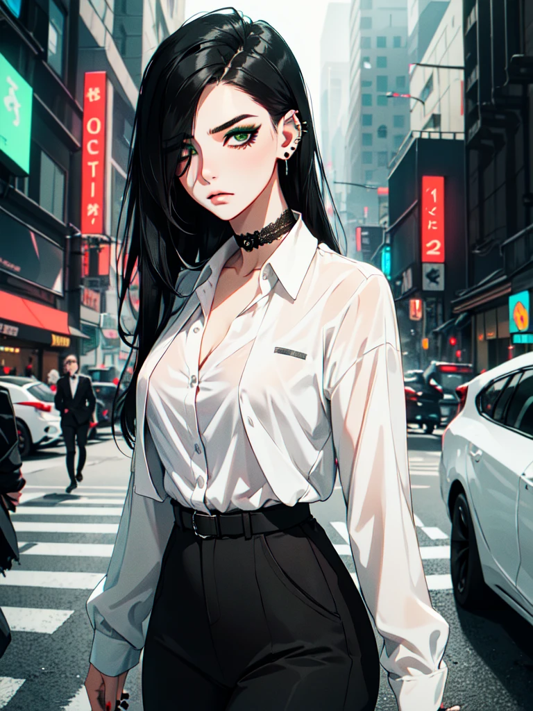 1girl, ((hair over eye)), (tight black lace blazer), black tie, ((long hair)), ((straight hair)), (((black hair))), side swept bangs, white skin, pale, white, (green eye), tired expression, choker, ((dark makeup, mascara, eyeshadow)), mole under eye, multiple piercings, best quality, 8k, cyberpunk city, neon streets, white shirt, erotic
