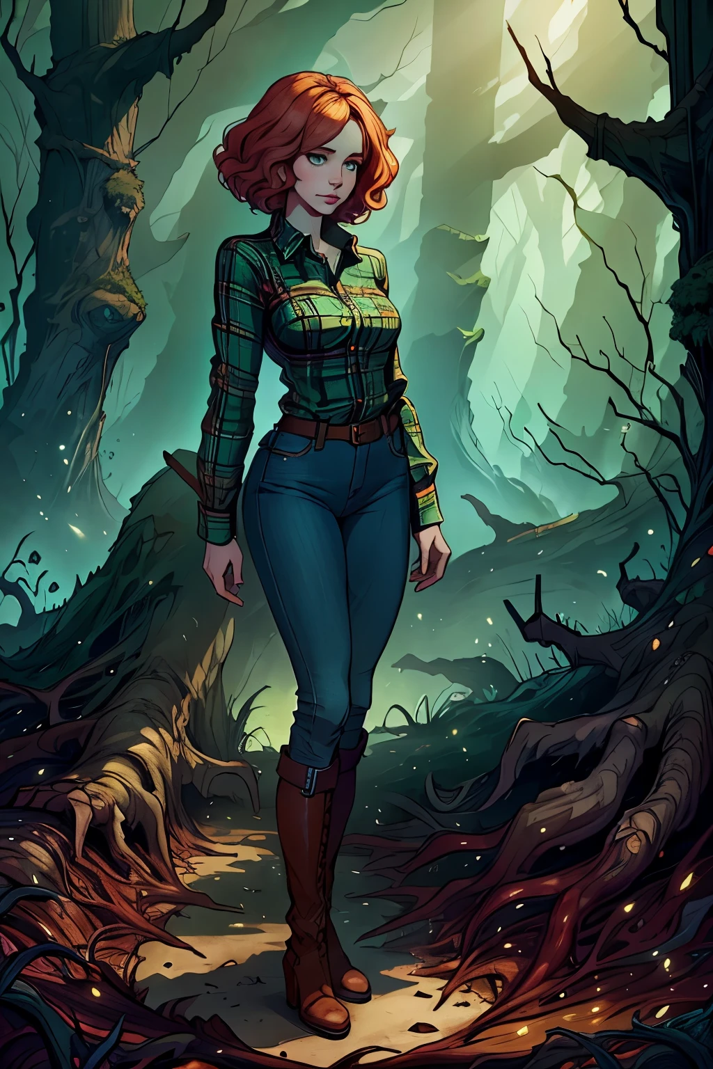 Christina Hendricks as Wendy from Gravity Falls, green plaid shirt, skinny jeans, heeled boots, standing cross-legged against the dark forest.