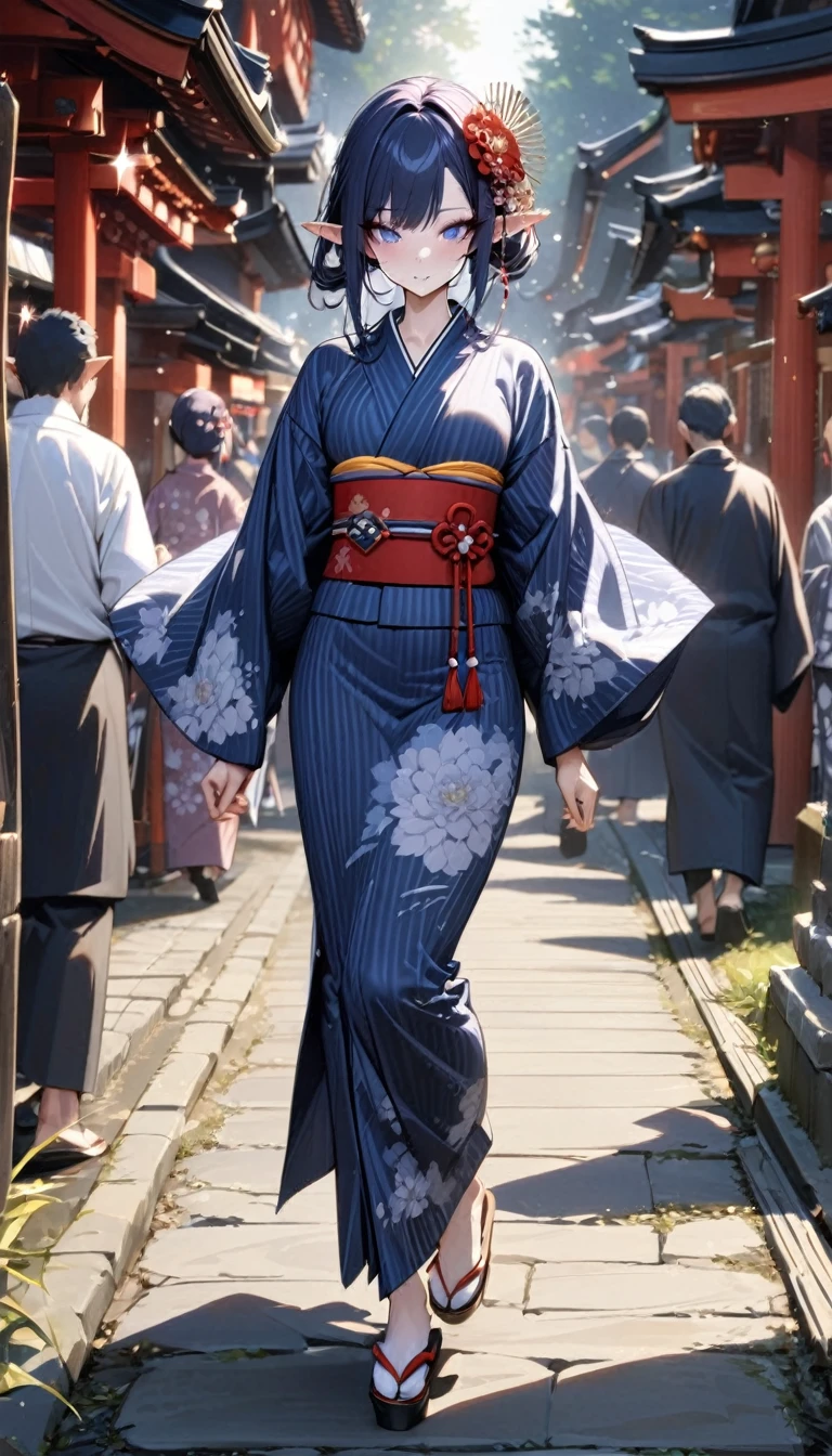 dark blue hair, nihongami, kanzashi, long eyelashes, pointy ears, sparkle, best quality, high quality, high details, award winning, ((super detail)), textured skin, ((masterpiece)), Yukata, traditional Japanese clothing, slightly open yukata, Floral Yukata, Walking around Kyoto's shrines