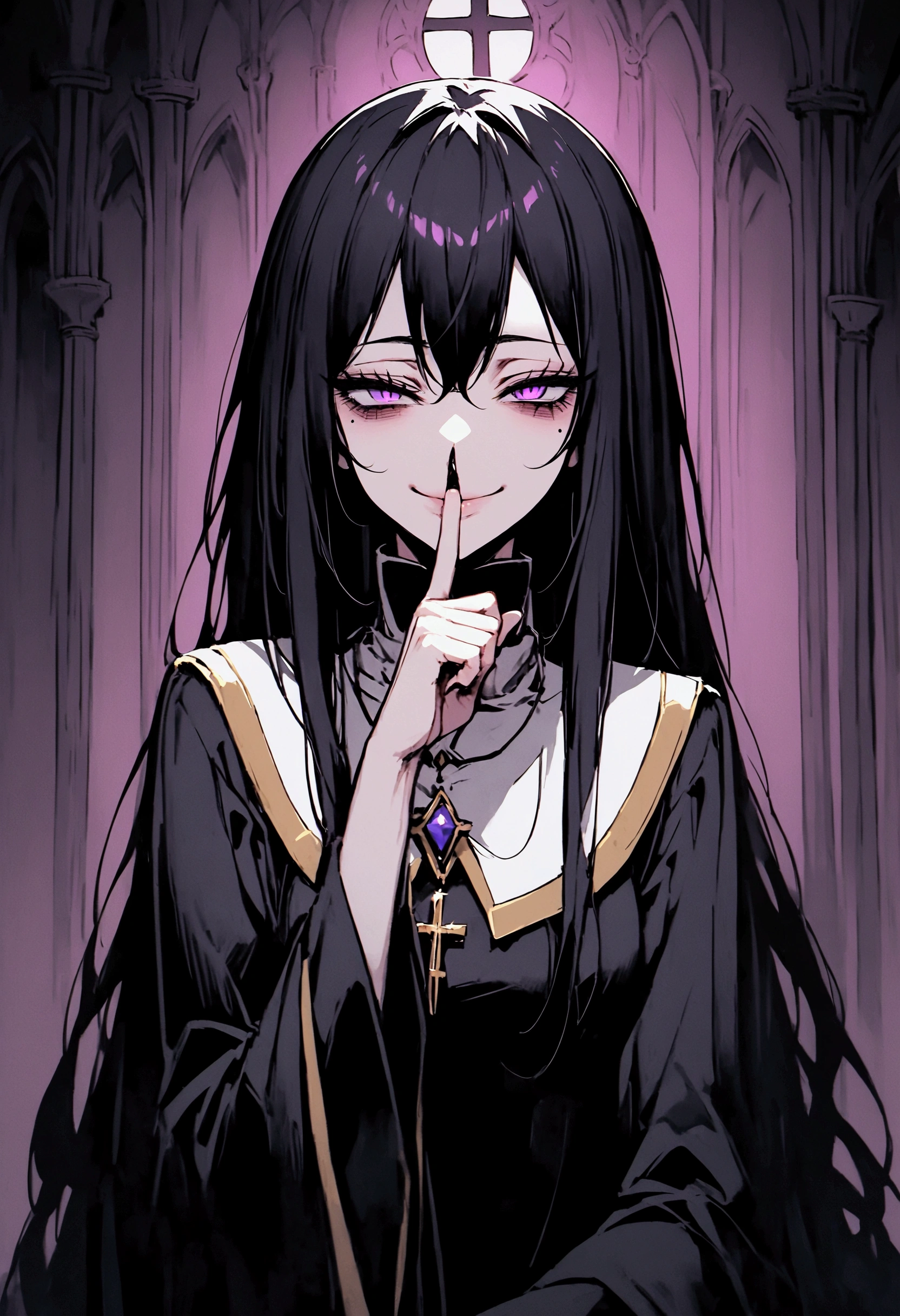 Priestess, black long hair, dark circles under eyes, cold eyes, narrowed eyes, purple eyes, black long flowing garments, smiling slughtly, omnious feeling, demon in disguise, sitting, finger over lip in a shushing motion, cross neclace
