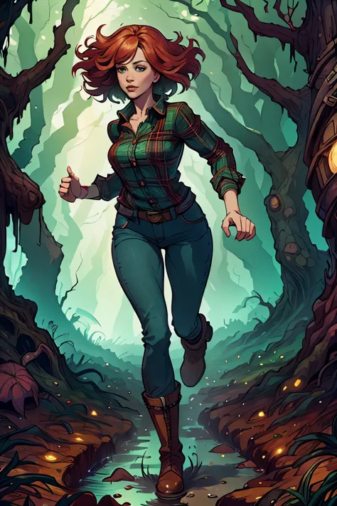 christina hendricks as wendy from gravity falls, green plaid shirt, skinny jeans, heeled boots, running through the woods