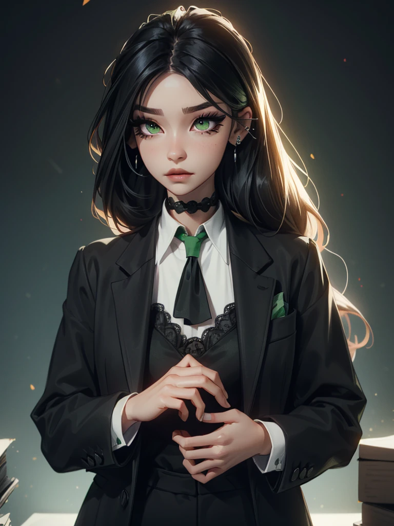 emo_hairstyle, ((tight black suit)), (black lace blazer), black tie, ((long hair)), ((straight hair)), (((black hair))), side swept bangs, white skin, pale, white, (green eye), tired expression, choker, ((dark makeup, mascara, eyeshadow)), multiple piercings, best quality, 8k, dark laboratory, dim lighting, white shirt, erotic, slytherin
