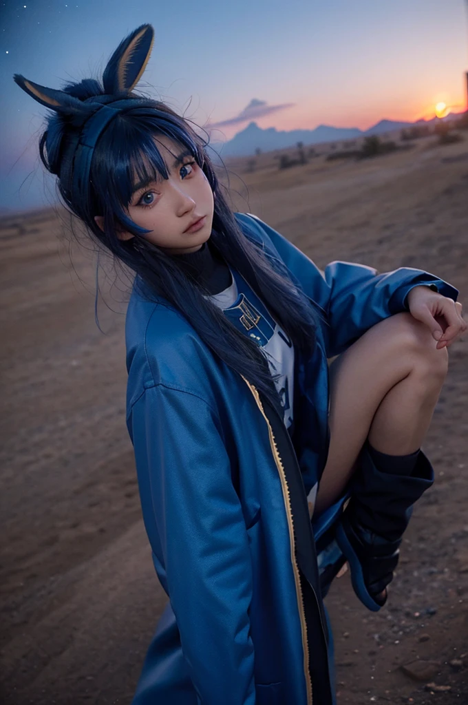 Empty City, A town above the clouds, Sky City,Black Eye,Blue haired, wearing a duffle coat, Falling from the sky,　Nitocris、In the desert、Stars shine in the night sky、beautiful girl、Show your side