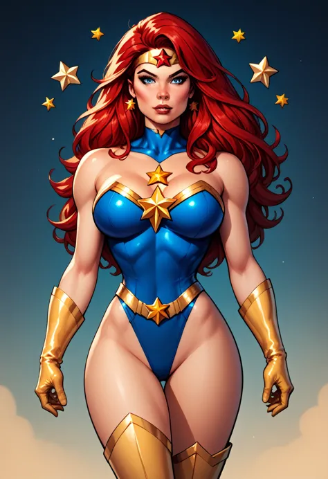 score_9, score_8_up, score_7_up, score_6_up, score_5_up, score_4_up, sexy, superheroine, red hair, long hair, busty, ((blue high...