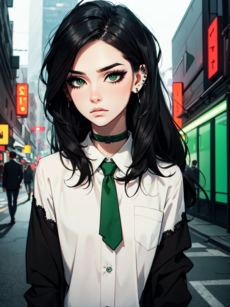 1girl, ((hair over eye)), (tight black lace blazer), black tie, ((long hair)), ((straight hair)), (((black hair))), side swept bangs, white skin, pale, white, (green eye), tired expression, choker, ((dark makeup, mascara, eyeshadow)), mole under eye, multiple piercings, best quality, 8k, cyberpunk city, neon streets, white shirt, erotic, slytherin