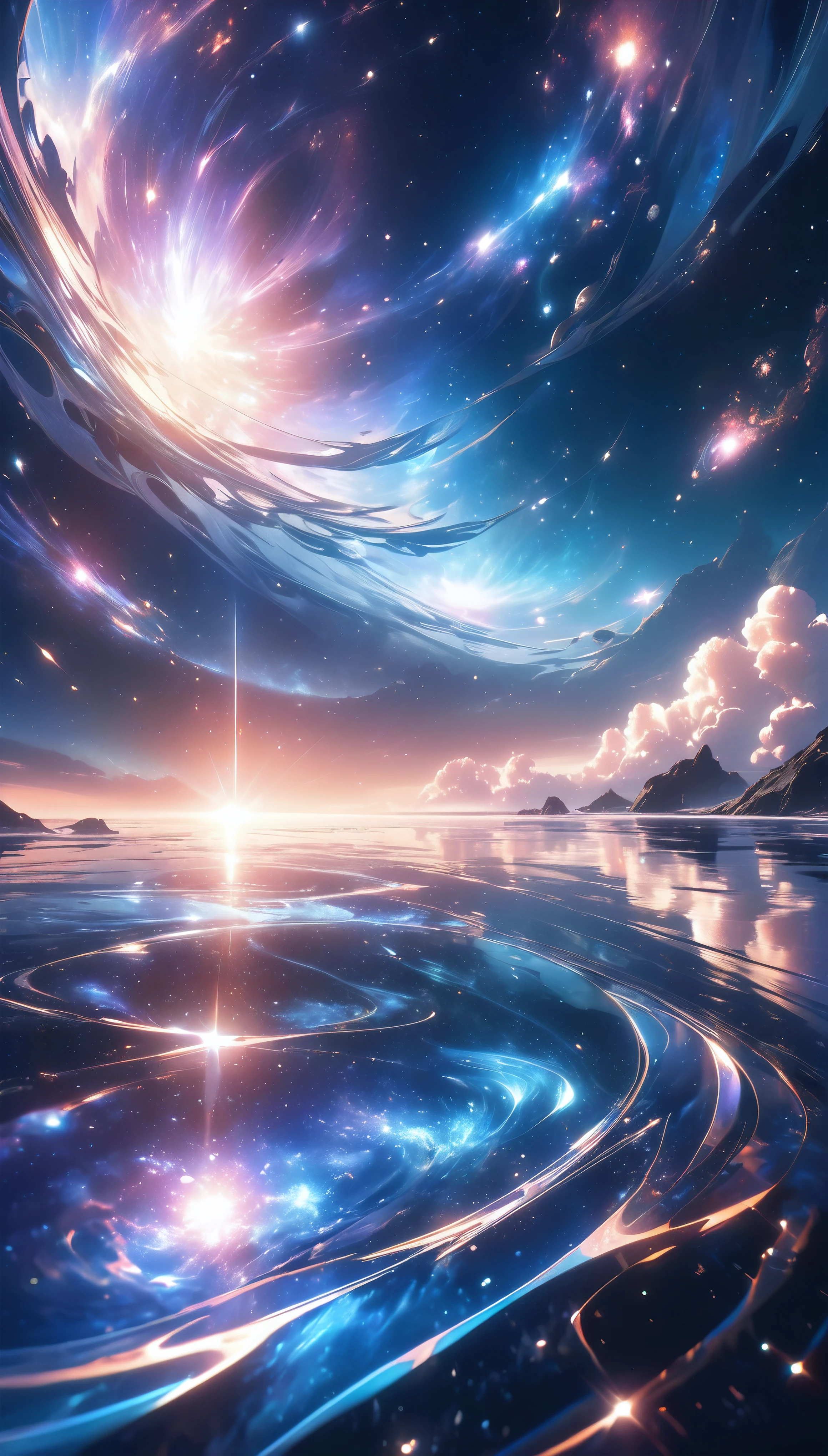 a beautiful cosmic landscape, swirling starry sea, shimmering, glimmering, luminous, reflective, best quality, 8k, highly detailed, photorealistic, cinematic lighting, dramatic shadows, vibrant colors, nebulae, glowing celestial bodies, iridescent atmosphere, ethereal, dreamlike, mystical, serene, tranquil