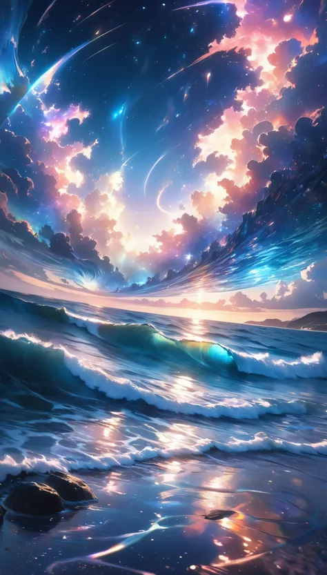 a breathtaking fantasy seascape, a sea of stars, stars liquified and forming the ocean, dazzling luminescent stardust, holograph...