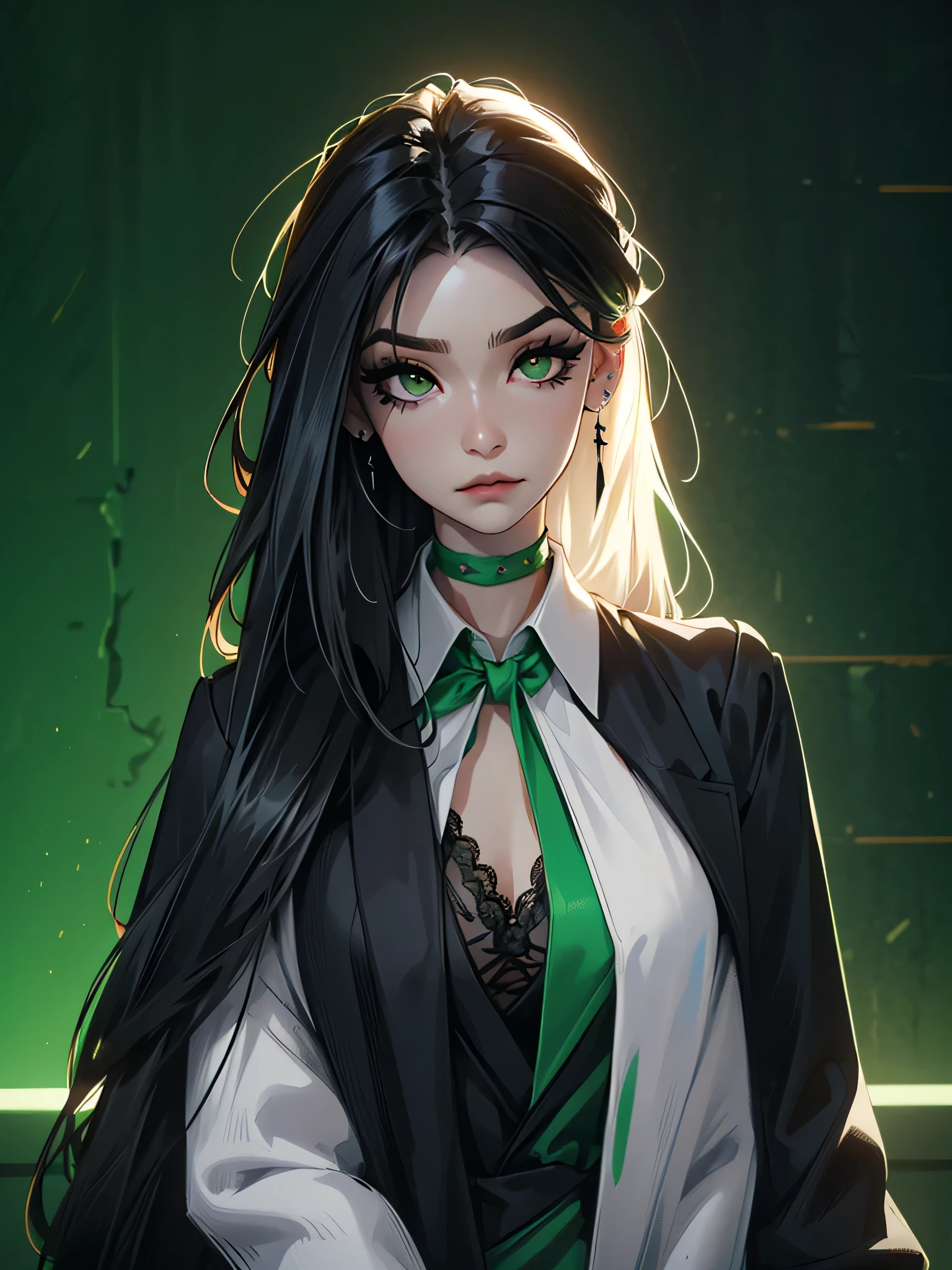 emo_hairstyle, ((tight black suit)), (black lace blazer), black tie, ((long hair)), ((straight hair)), (((black hair))), side swept bangs, white skin, pale, white, (green eye), tired expression, choker, ((dark makeup, mascara, eyeshadow)), multiple piercings, best quality, 8k, dark laboratory, dim lighting, white shirt, erotic, slytherin
