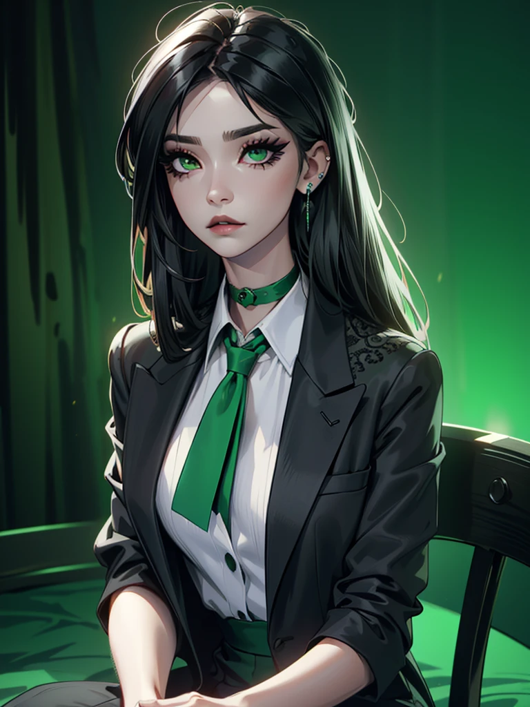 emo_hairstyle, ((tight black suit)), (black lace blazer), black tie, ((long hair)), ((straight hair)), (((black hair))), side swept bangs, white skin, pale, white, (green eye), tired expression, choker, ((dark makeup, mascara, eyeshadow)), multiple piercings, best quality, 8k, dark laboratory, dim lighting, white shirt, erotic, slytherin
