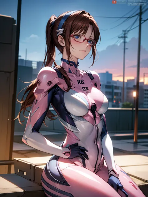 marimakinami, mari makinami, blue eyes, brown hair, big breasts, glasses, head band, twin tails,
break bodysuit, pink bodysuit, ...