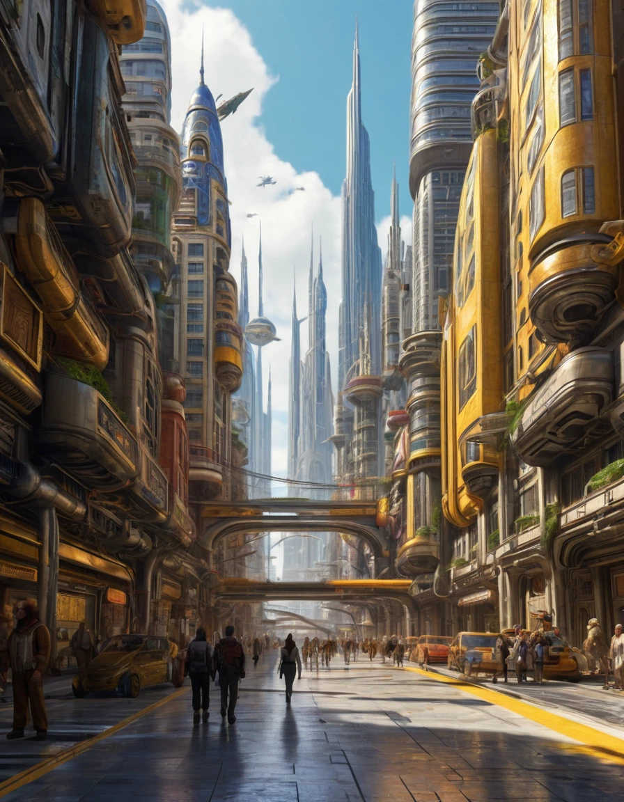 On an unknown planet lies a futuristic fantasy city with immense technologically designed buildings. (that form an infinite avenue), non-blurred compactor buildings, with silver glazed structures, spectacular gold and bronze, (with bright colors). sunny pavement (dull). people walking. (similar a coruscant de star wars). well defined image with many buildings together. sharp well defined 8k image. the buildings reach high into the background.,8k. cinematographic image.