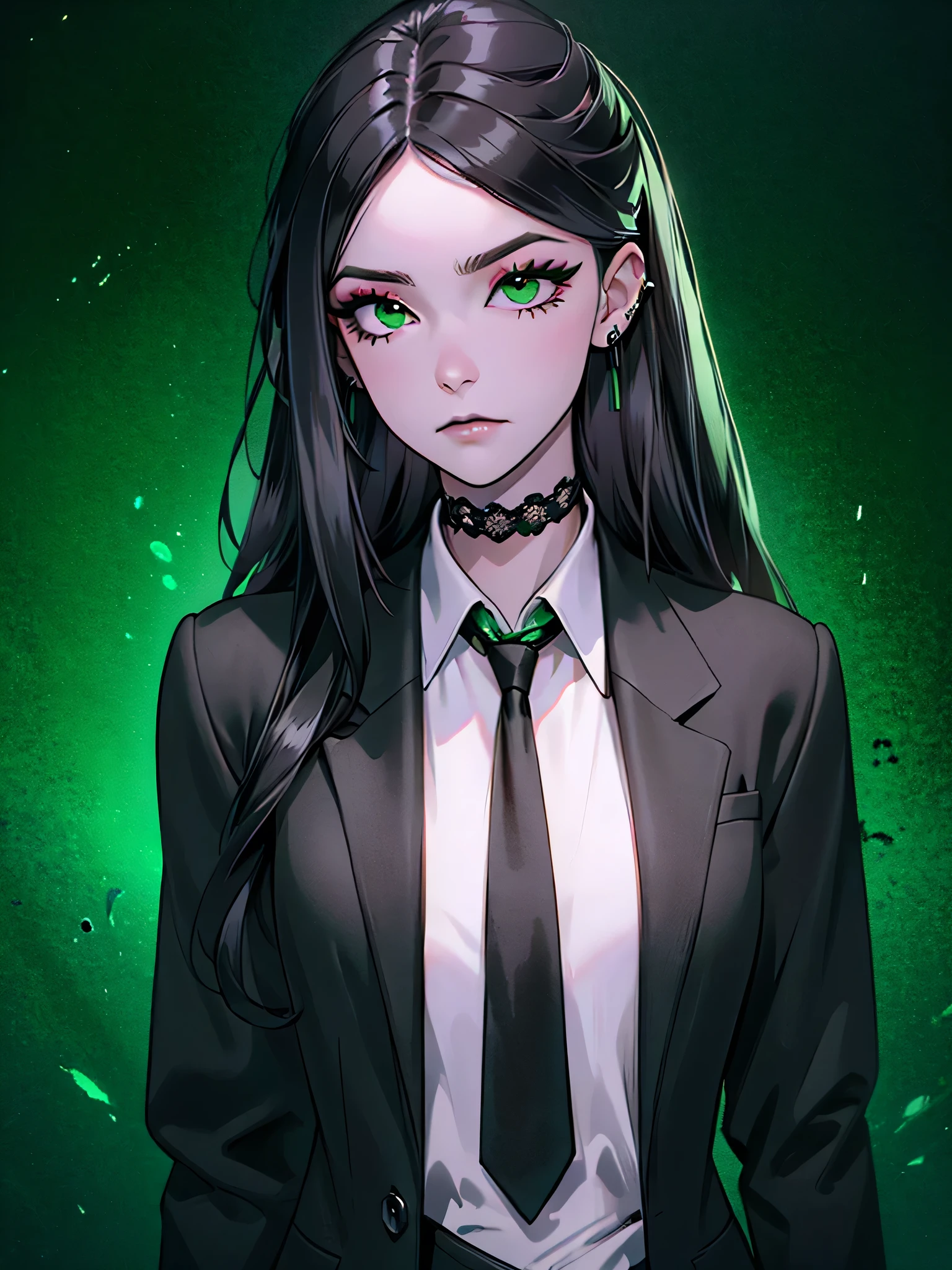 emo_hairstyle, ((tight black suit)), (black lace blazer), black tie, ((long hair)), ((straight hair)), (((black hair))), side swept bangs, white skin, pale, white, (green eye), tired expression, choker, ((dark makeup, mascara, eyeshadow)), multiple piercings, best quality, 8k, dark laboratory, dim lighting, white shirt, erotic, slytherin
