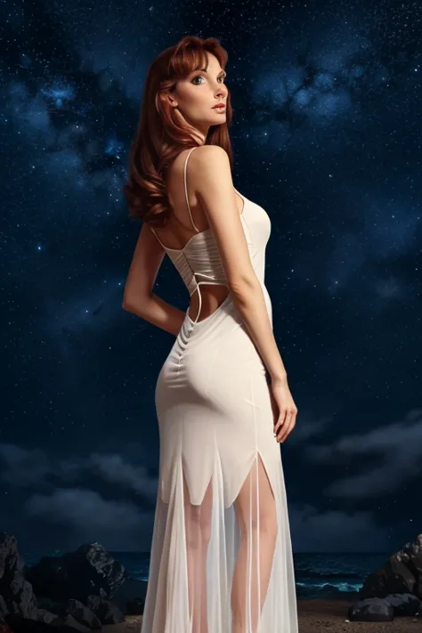 beverly crusher (age 25, airy sheer white elegant gown), camera low looking up at her butt and a starry sky, a few tiny space sh...