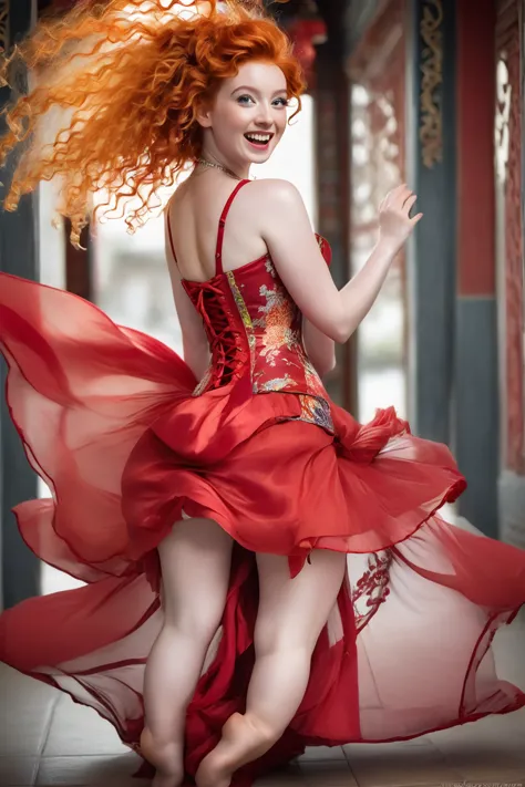 a european girl with vibrant ginger hair and grey eyes, playfully sticking out her long tongue. she wears a stunning red dress a...