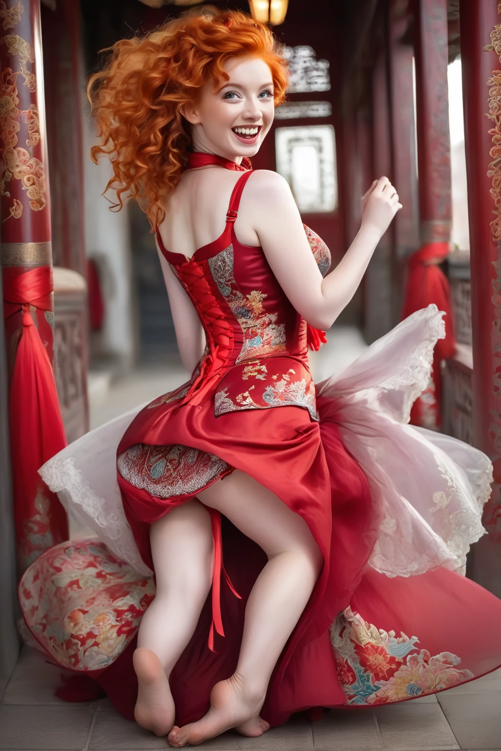 A European girl with vibrant ginger hair and grey eyes, playfully sticking out her long tongue. She wears a stunning red dress adorned with intricate Chinese patterns, featuring a red corset and crinoline. Her long, curly hair cascades volumetrically, while she squats gracefully, holding her skirt. The scene is ultra-realistic, highlighting her long legs and wide hips, complemented by red toe socks.