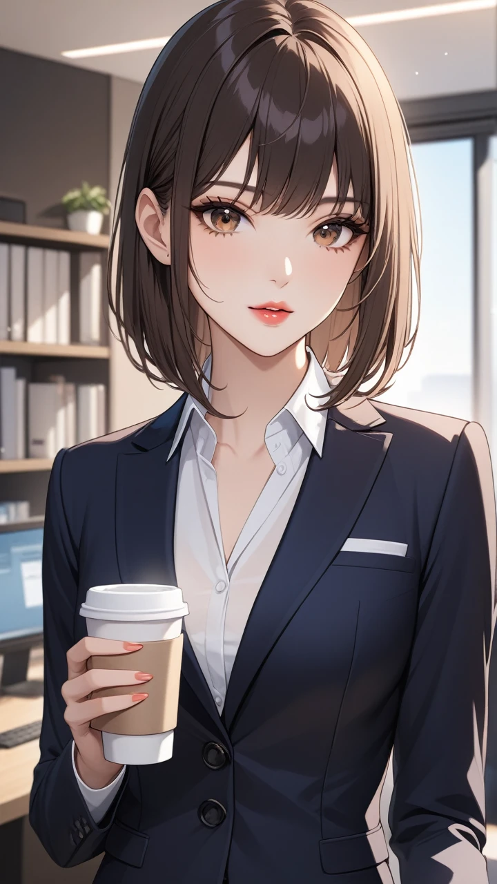 Highest quality　masterpiece　High resolution　masterpiece, 1girl, medium hair, straight hair, detailed lips,business suit, office lady, holding coffee cup