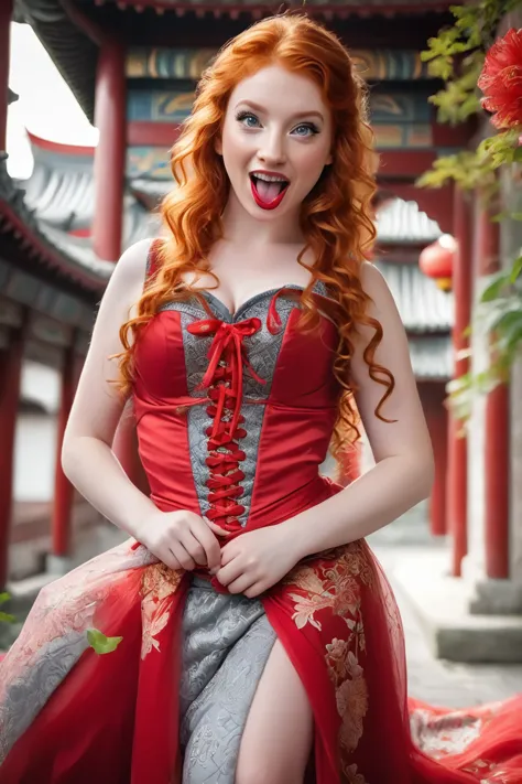 a european girl with vibrant ginger hair and grey eyes, playfully sticking out her long tongue. she wears a stunning red dress a...