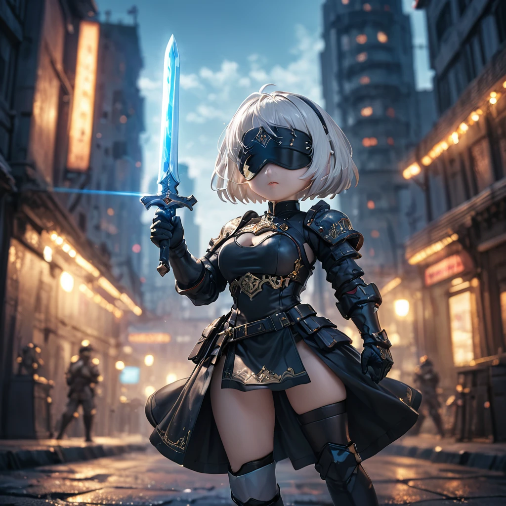 amazing quality, masterpiece, best quality, hyper detailed, ultra detailed, UHD, HDR, DOF, depth of field,
short hair, white hair, solo, wearing ornate armor, gold trim, fighting stance, , closed mouth, holding sword, glowing sword, cyberpunk city, old building,
Chibi Knight,
type2b, black_blindfold, black_hairband, 
action shot,fighting shot.
extremely detailed,