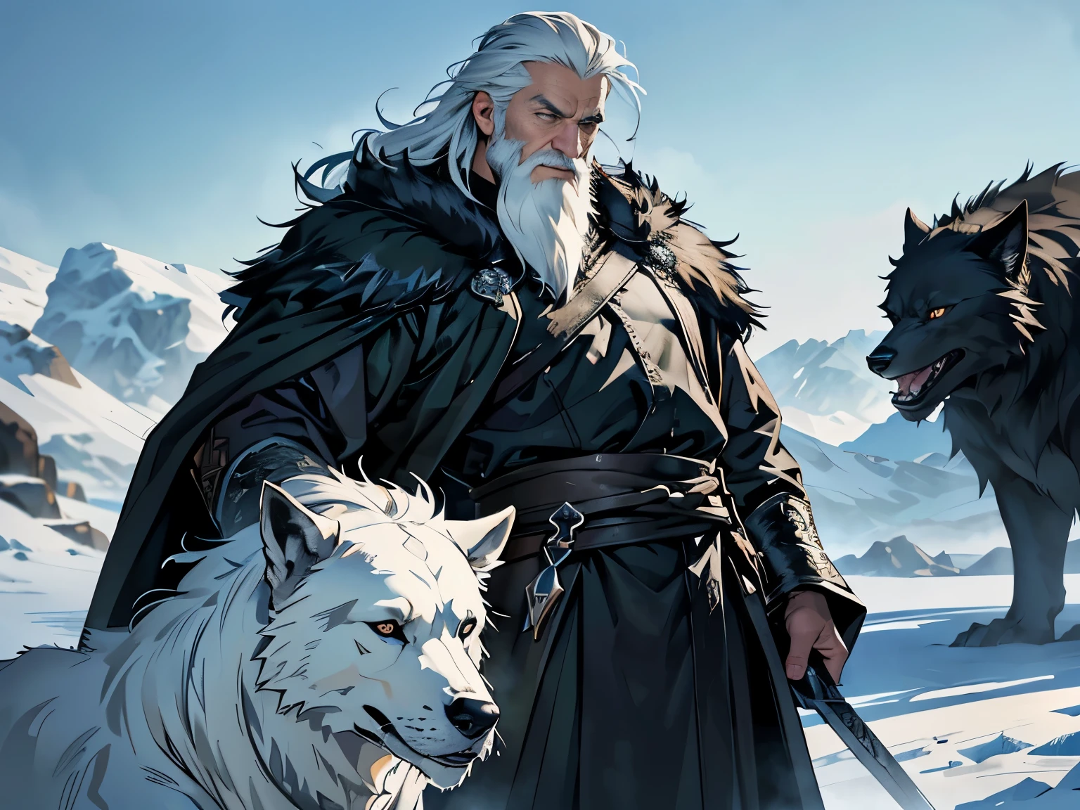 ((Best quality)), ((masterpiece)), ((realistic cartoon)), ((perfect character)):

In this stunning and highly detailed realistic cartoon, we present a Man of the North. The man stands tall, standard Northern aesthetic, but with a few twists, his outfits also include some black, to match the color of the animal fur black cloak he wears. His face is adorned with a medium, white beard, adding to his wise and aged appearance.

With a majestic European greatsword that carries on his back and a black Direwolf beside him, this man exudes a fearsome warrior aura.

Every element of this masterpiece is carefully designed to create a sense of realism and immersion. The intricacies of the man's clothing, the mesmerizing effects of the area around him and he was in Winterfell, and the level of detail in his weathered face all contribute to a captivating visual experience. This artwork is presented in stunning UHD resolution, allowing you to appreciate every nuance and intricacy in breathtaking detail.

Eye level, scenic, masterpiece.