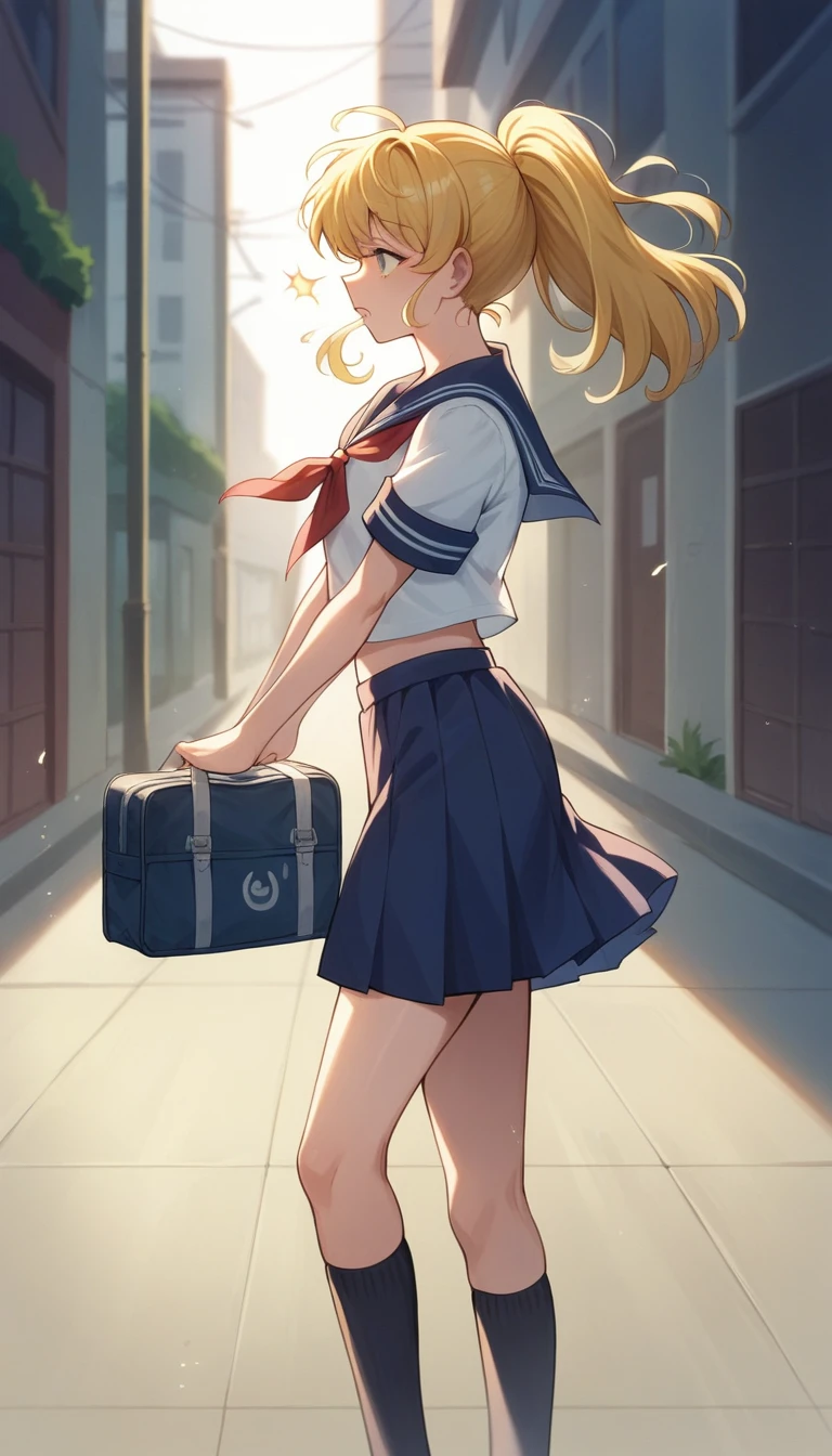 "A dynamic scene featuring a high-quality anime-style image of Usagi Tsukino from 'Sailor Moon' running in her summer school uniform. She is wearing her usual short-sleeved sailor uniform, with her school bag slung over her back. The image captures the moment she is about to trip, with one foot slightly off the ground and her arms flailing as she tries to regain her balance. The scene is filled with energy, showing her in a side view as she runs, with a slightly panicked expression on her face. The background is a bustling city street in the early morning, with motion blur effects to emphasize her speed and the urgency of the moment. The colors are vibrant, and the lighting captures the early morning sunlight, adding a soft glow to the scene."