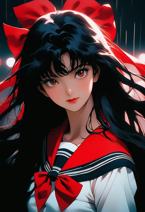 kagome, red eyeshadow, realistic, analog style, vhs style, 8mm film, chromatic aberration, dvd screengrab, 80s movie, cinematic ...