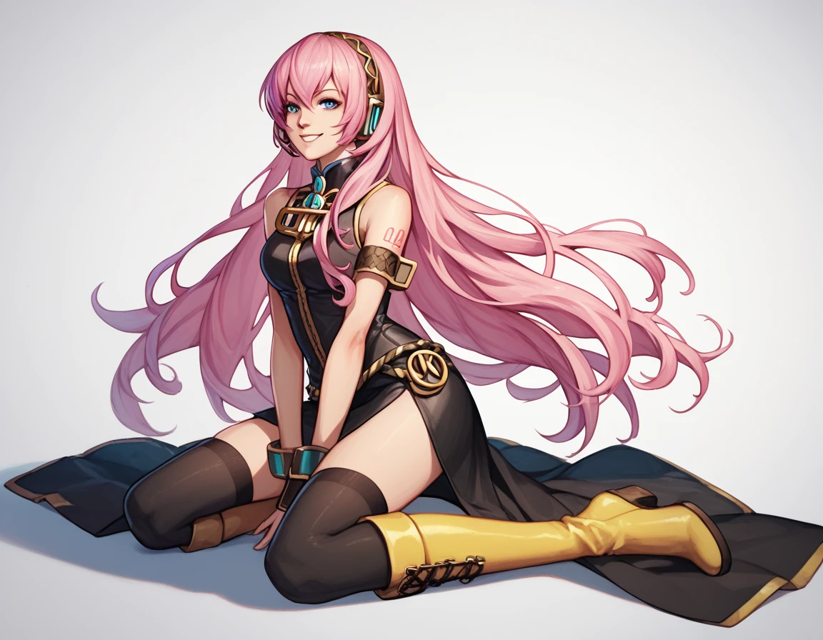 1 girla(cool, Luka Megurine, pink hair, long hair, straight hair, black headphone, sleeveless black short suit, side slit black skirt, black long socks, yellow long boots, smile), kneeling