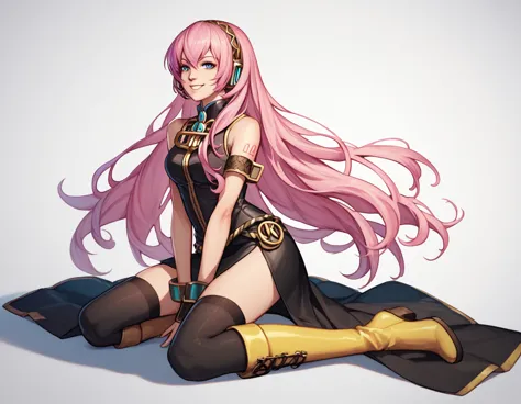 1 girla(cool, luka megurine, pink hair, long hair, straight hair, black headphone, sleeveless black short suit, side slit black ...