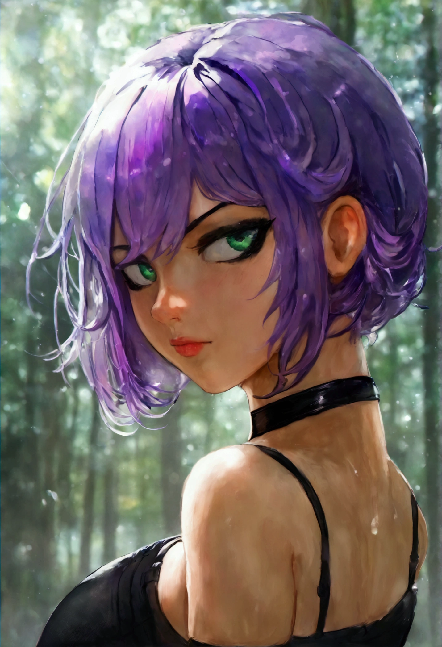 ((Best quality)) ((best detail)) ((high quality background))1 girl, purple hair, black eyeliner, Emerald eyes, black choker, black T-shirt, black denim shorts, black stockings, shows ass