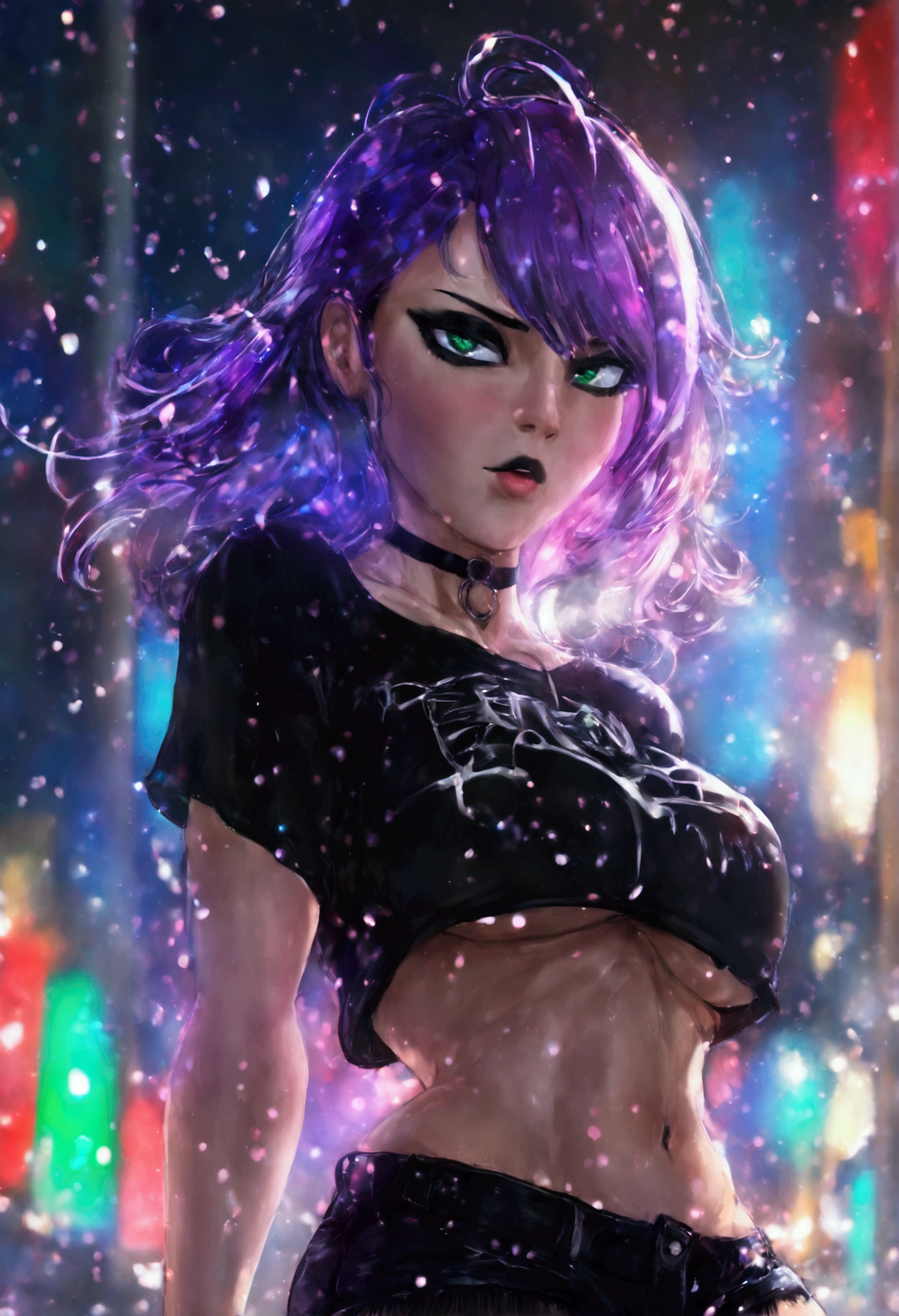 ((Best quality)) ((best detail)) ((high quality background))1 girl, purple hair, black eyeliner, Emerald eyes, black choker, black T-shirt, black denim shorts, black stockings, shows ass