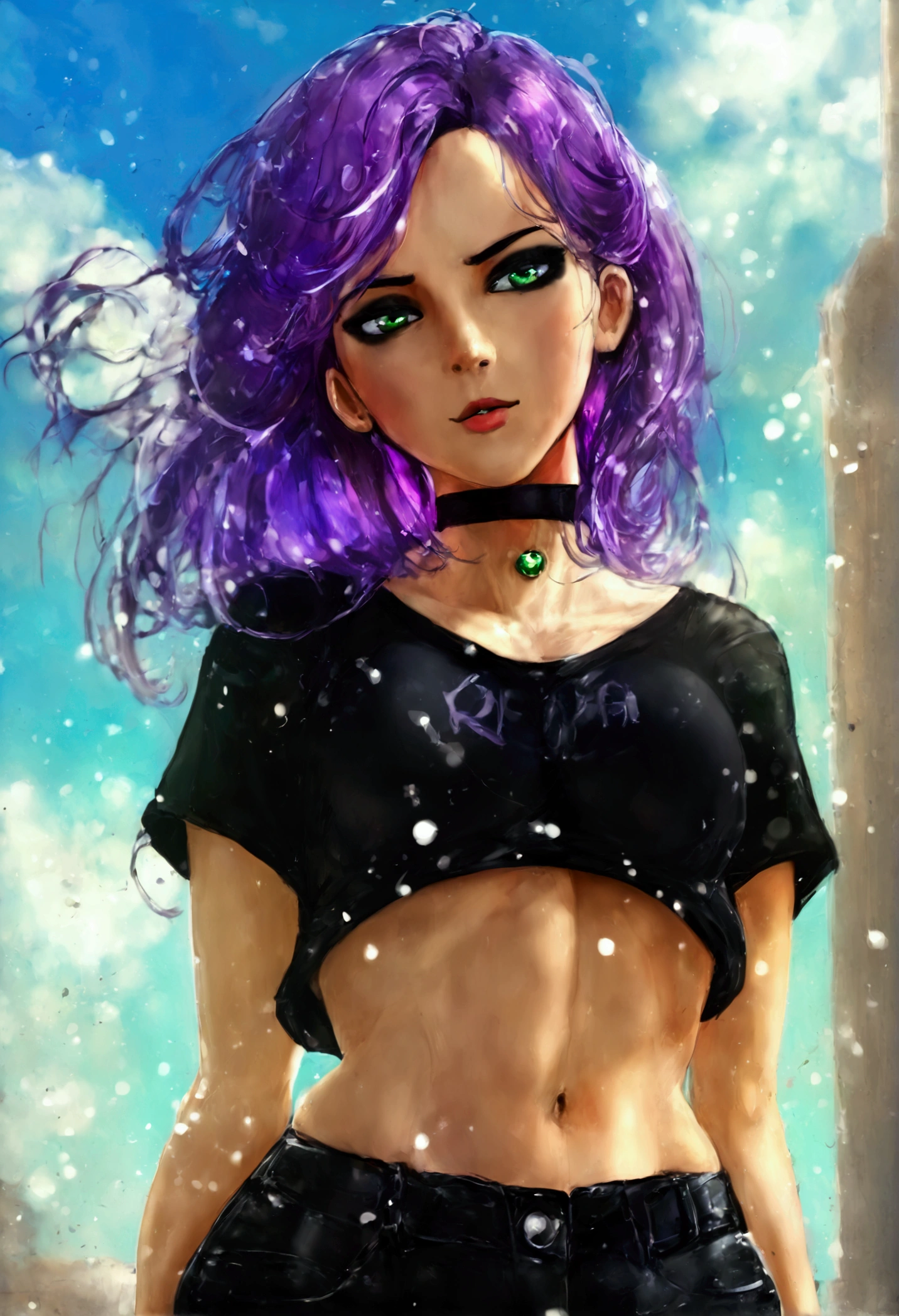 ((Best quality)) ((best detail)) ((high quality background))1 girl, purple hair, black eyeliner, Emerald eyes, black choker, black T-shirt, black denim shorts, black stockings, shows ass