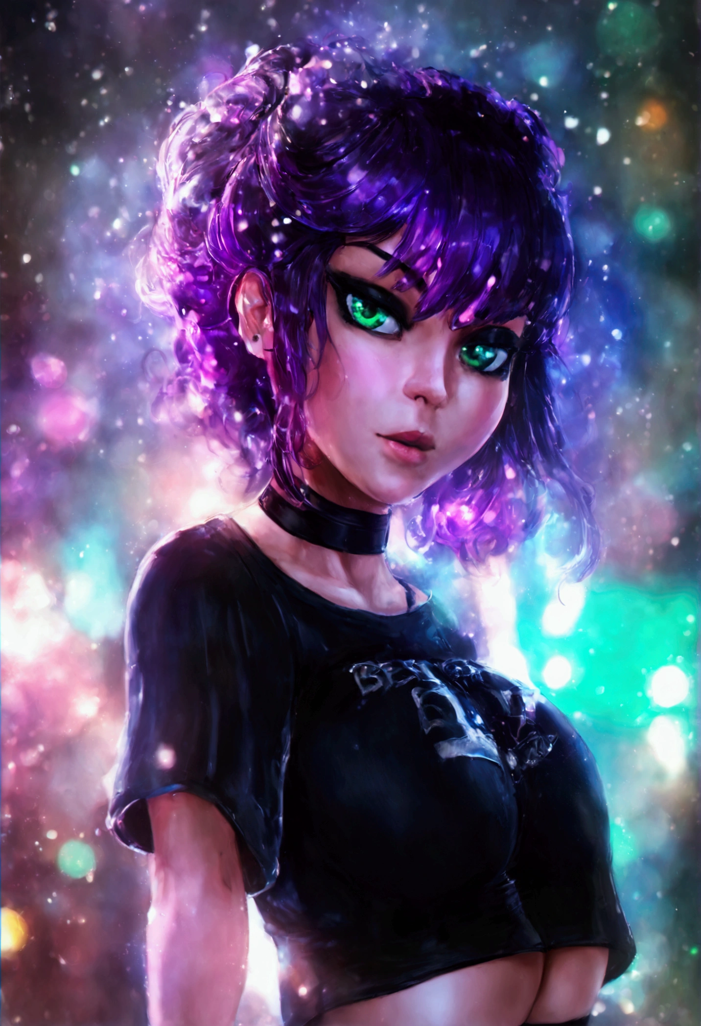 ((Best quality)) ((best detail)) ((high quality background))1 girl, purple hair, black eyeliner, Emerald eyes, black choker, black T-shirt, black denim shorts, black stockings, shows ass