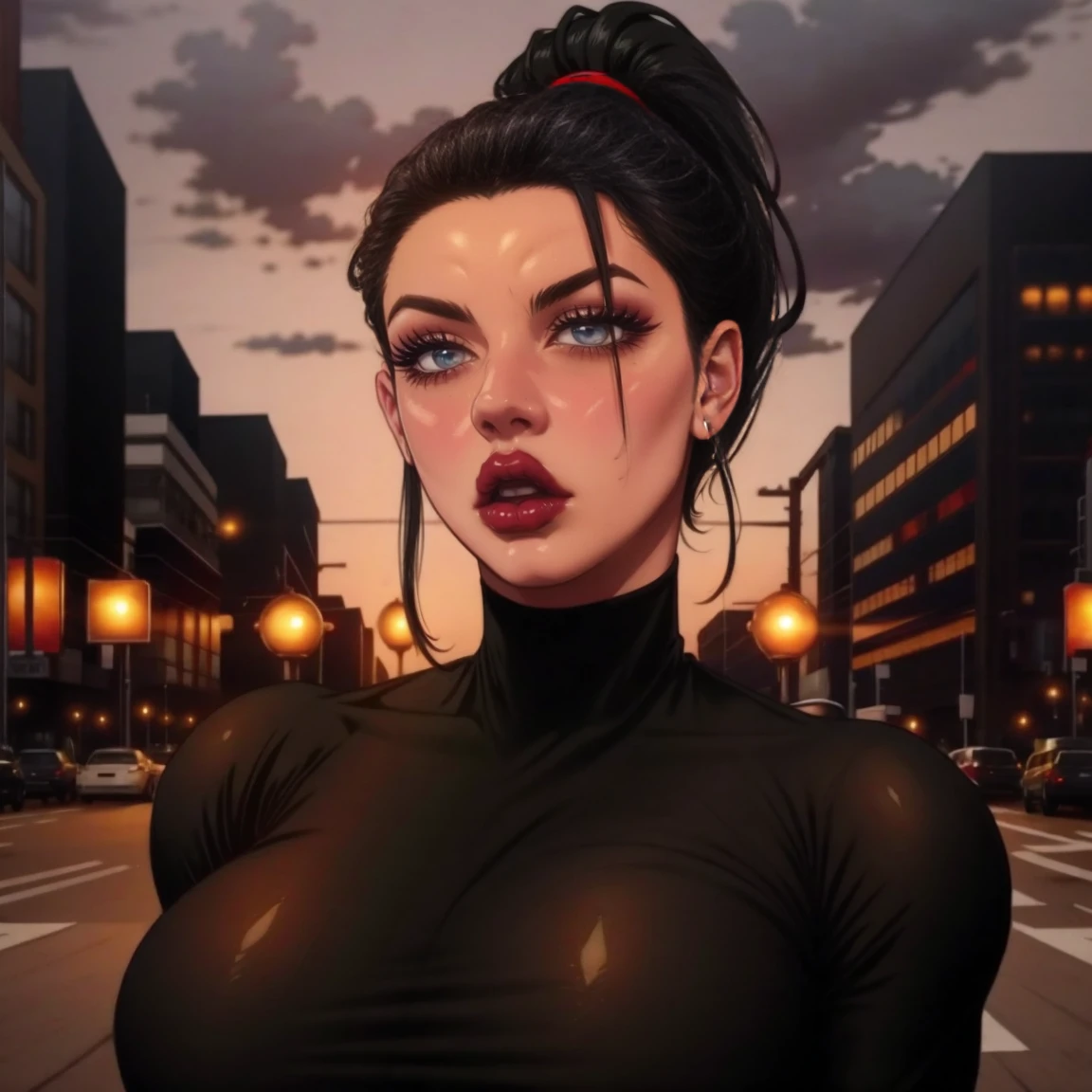 Young Girl,with a very beautiful appearance,Medium breasts, god, Juicy frogs, Juicy ass,black hair tied into a high ponytail with a black elastic band,white eyes,With a rude look,wearing a sexy black turtleneck,black sexy leggings,black gucci belt, High Black Shoes,black choker on the neck, posing attractively,Makes Achegao,Drooling, Located in the city at night