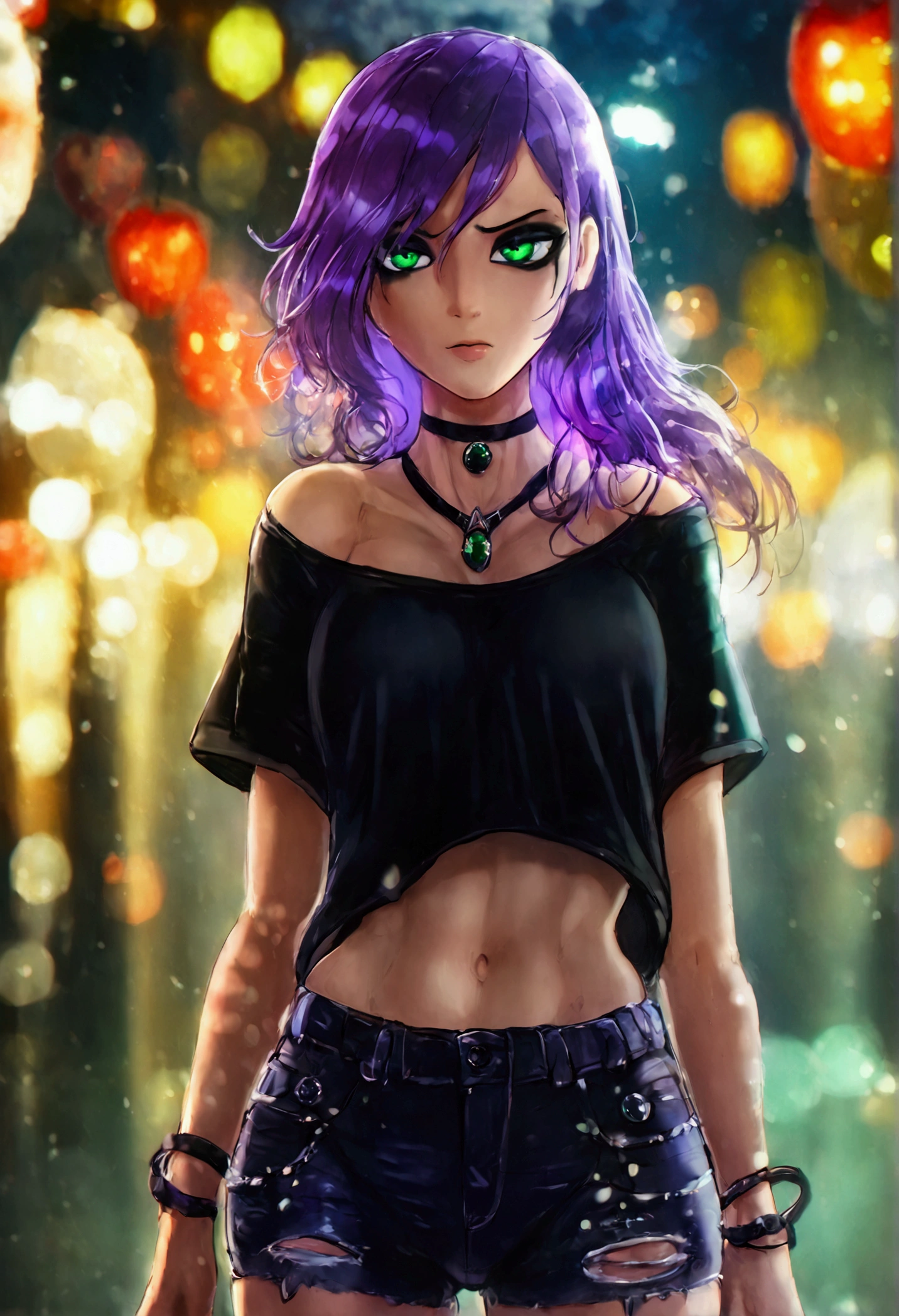 ((Best quality)) ((best detail)) ((high quality background))1 girl, purple hair, black eyeliner, Emerald eyes, black choker, black T-shirt, black denim shorts, black stockings, shows ass