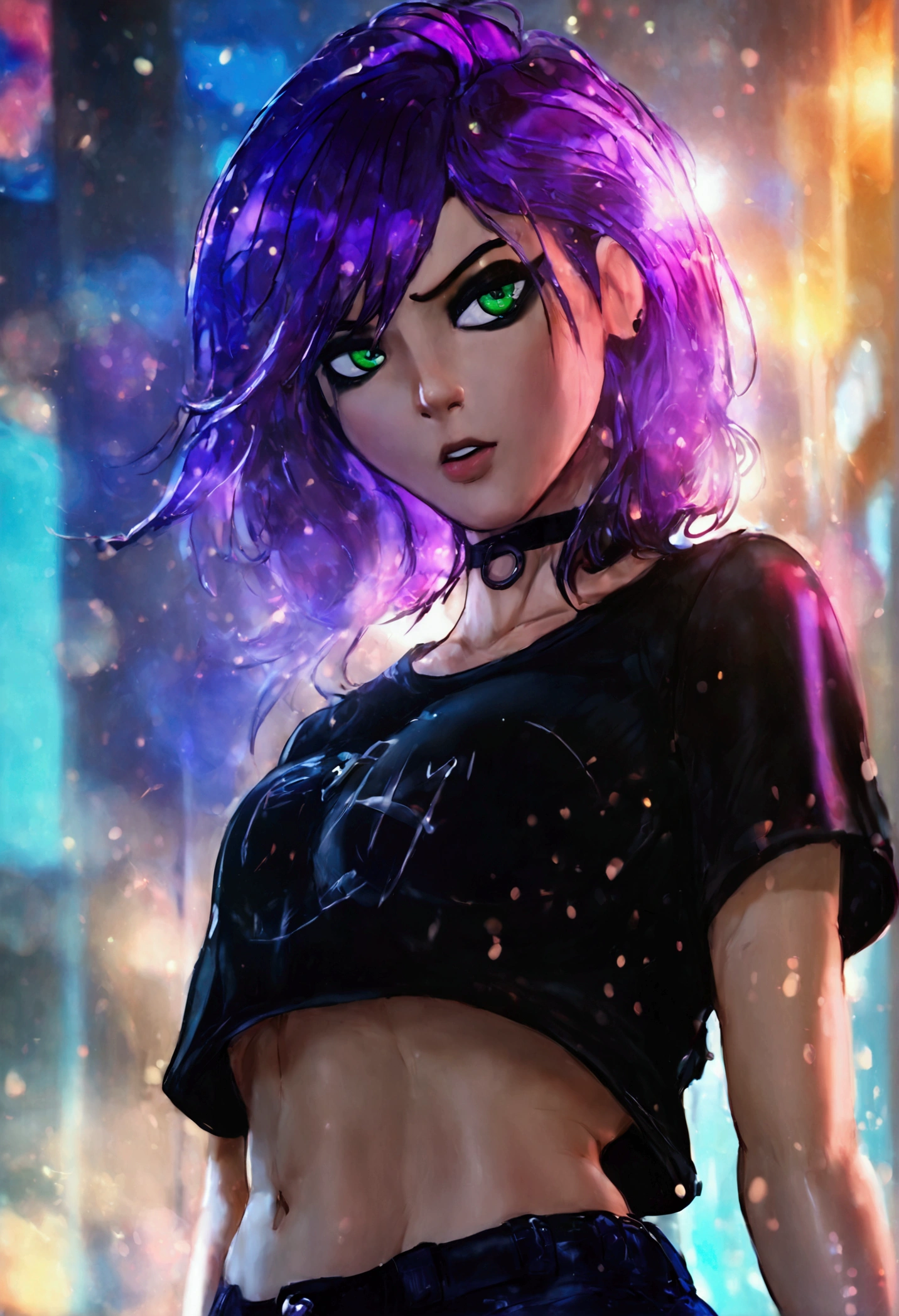 ((Best quality)) ((best detail)) ((high quality background))1 girl, purple hair, black eyeliner, Emerald eyes, black choker, black T-shirt, black denim shorts, black stockings, shows ass