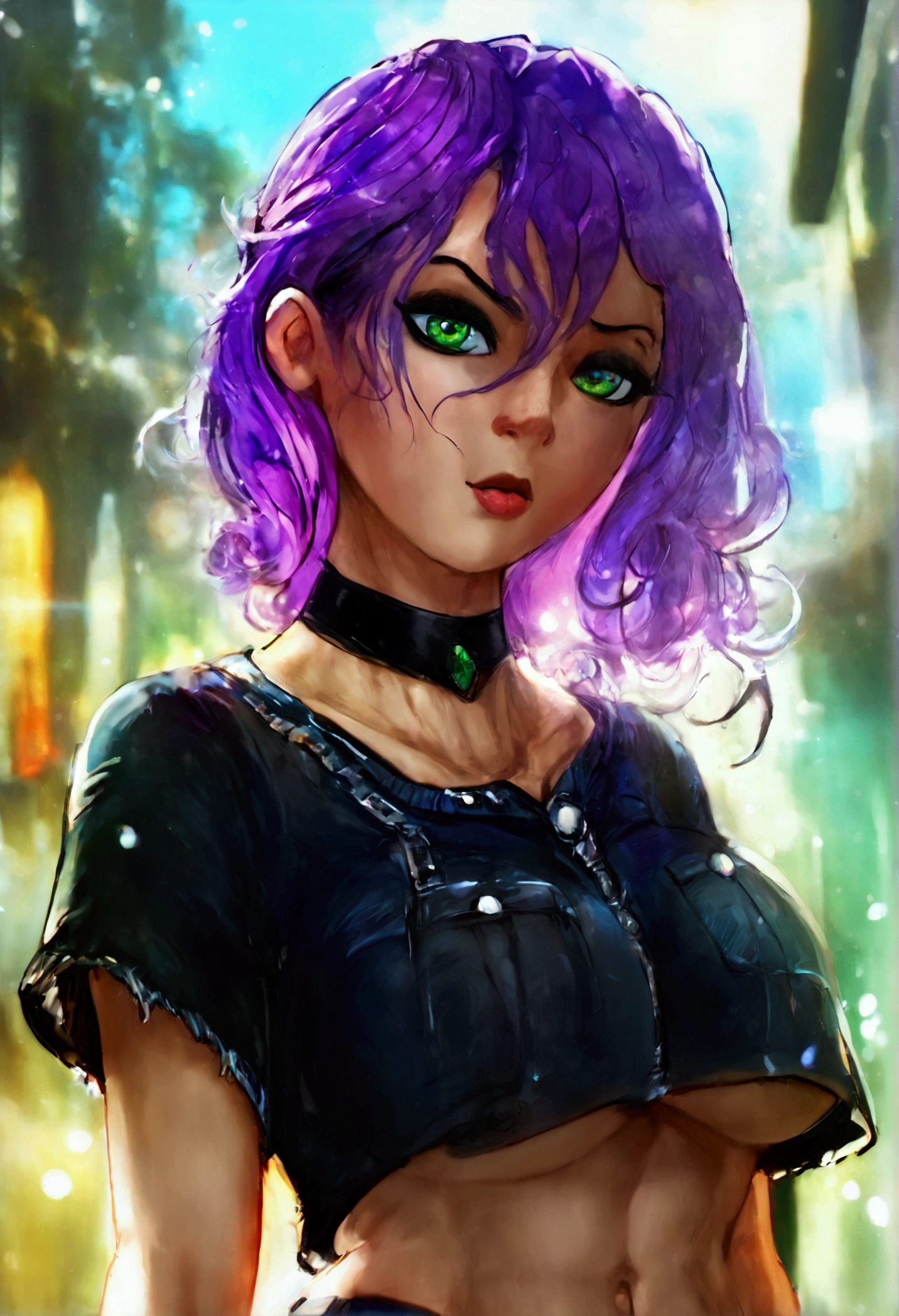 ((Best quality)) ((best detail)) ((high quality background))1 girl, purple hair, black eyeliner, Emerald eyes, black choker, black T-shirt, black denim shorts, black stockings, shows ass