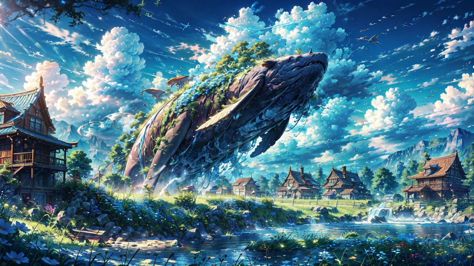 Leviathan flying in the blue sky,Imagine,a peaceful day, Detailed clouds, Place, Grazing cows, flower, House in the distance, Fence, wood,Excellent