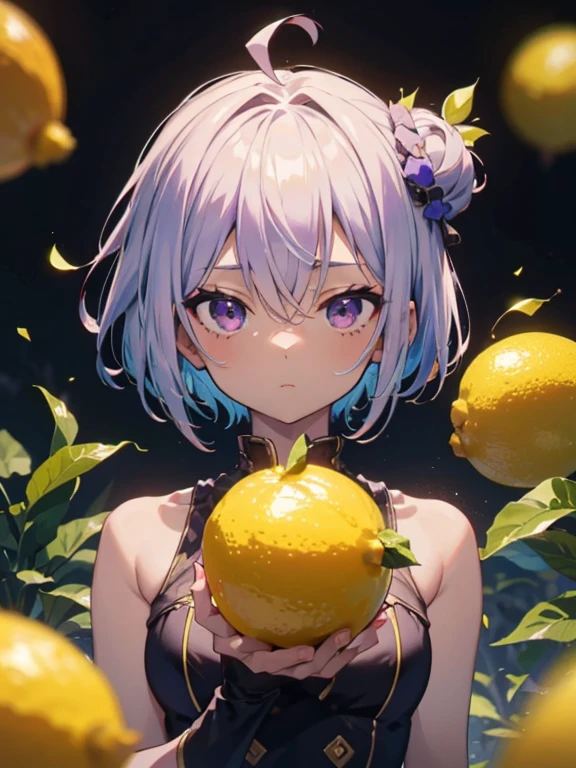 lemon yakishio, short hair, black hair, hair between eyes, ahoge, lemon hair ornament, purple eyes, dark skin