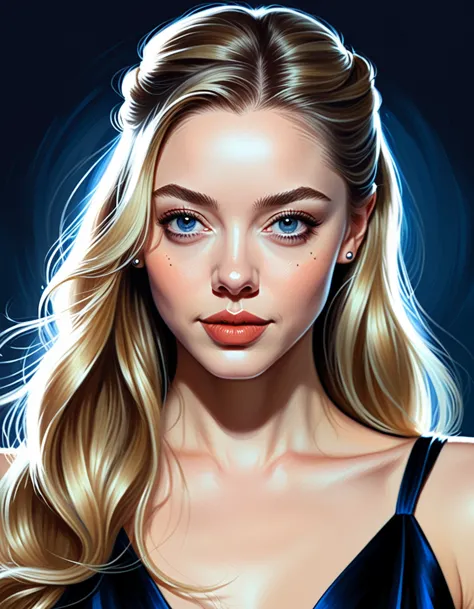 amanda seyfried woman with long blond bun hair, in style of charlie bowater, dark blue and dark black,realistic color palette, s...