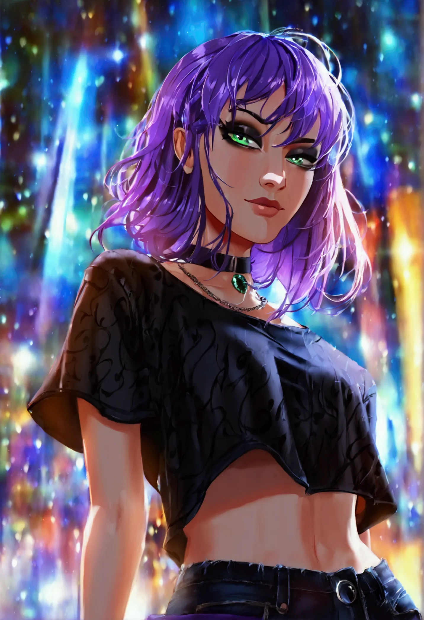 ((best quality)) ((best detail)) ((high quality background))1 girl, purple hair, black eyeliner, emerald eyes, black choker, bla...