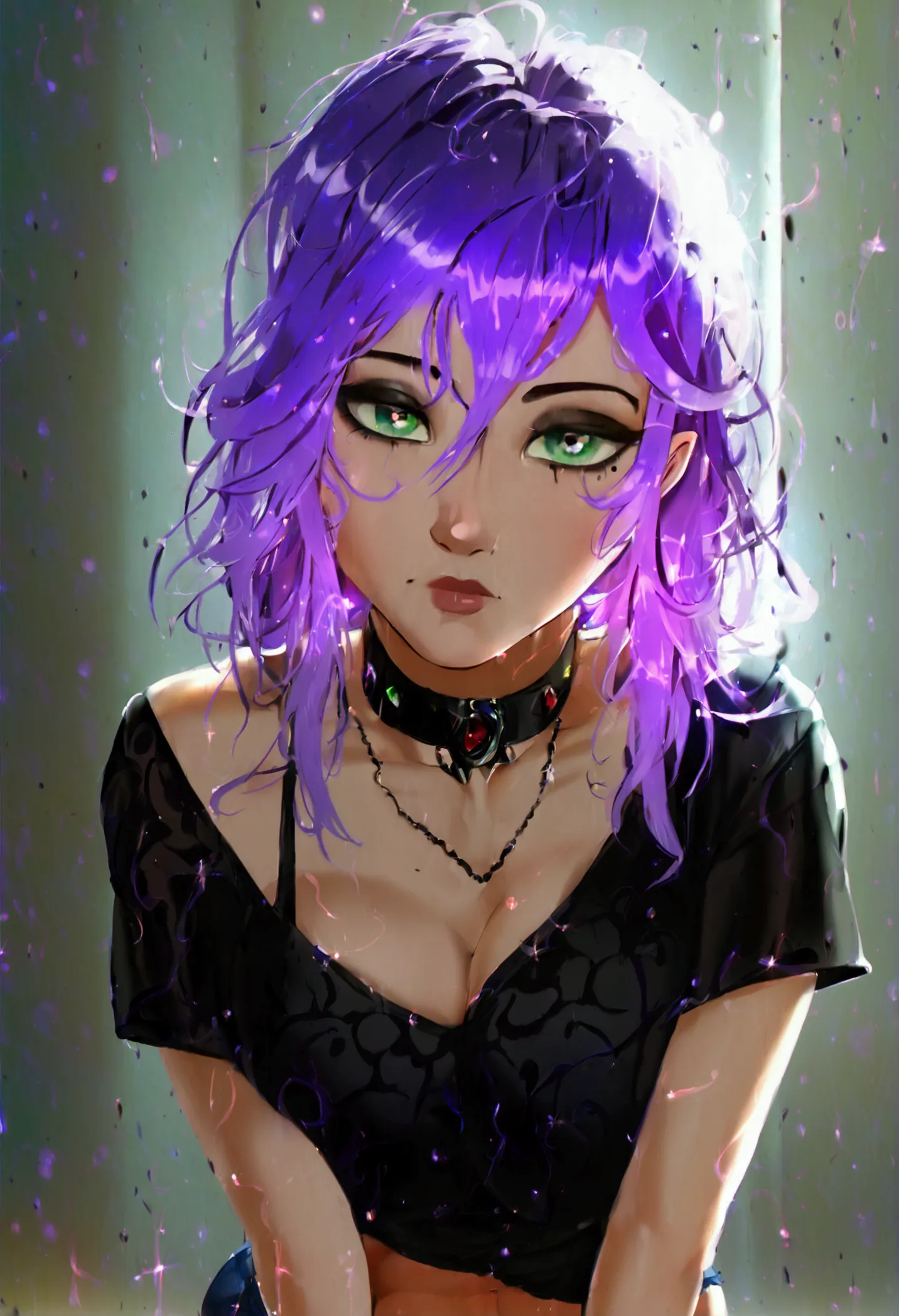 ((best quality)) ((best detail)) ((high quality background))1 girl, purple hair, black eyeliner, emerald eyes, black choker, bla...