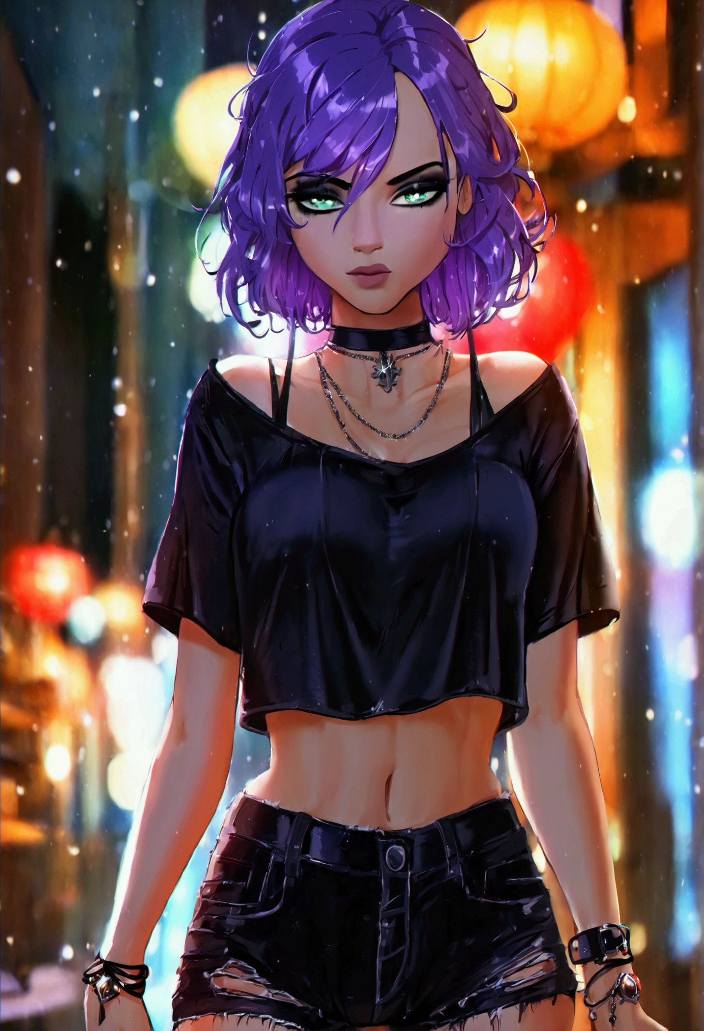 ((Best quality)) ((best detail)) ((high quality background))1 girl, purple hair, black eyeliner, Emerald eyes, black choker, black T-shirt, black denim shorts, black stockings, shows ass