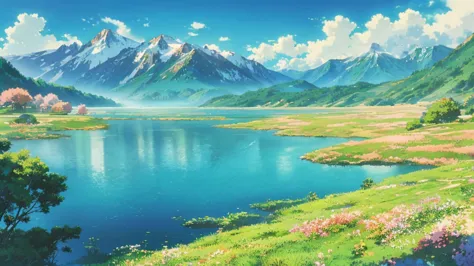 landscape anime scenery of mountain valley with lake and a mountain