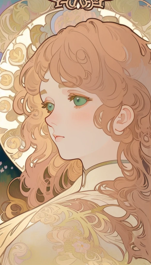 Art Nouveau Style, poster in a theater, (art by wes anderson), 2d, masterpiece, best quality, anime, highly detailed eyes, highly detailed face, highly detailed background, perfect lighting, 1girl, solo， European woman's face portrait, long curly hair, ginger red hair, piclill, delicate face, Art Nouveau Style, poster in a theater, (((art by alphonse mucha))), upper body, blush, profile ,(masterpiece, finely detailed beautiful eyes: 1.2),, ，Green eyes，scarf，Open flowing windbreaker，Small yellow flower，perfect white skin