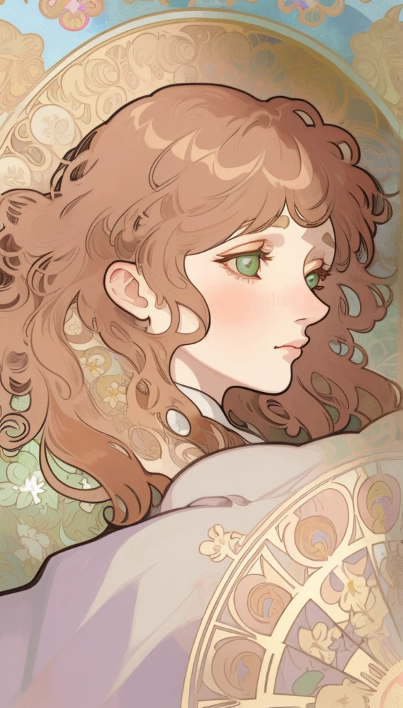 Art Nouveau Style, poster in a theater, (art by wes anderson), 2d, masterpiece, best quality, anime, highly detailed eyes, highly detailed face, highly detailed background, perfect lighting, 1girl, solo， European woman's face portrait, long curly hair, ginger red hair, piclill, delicate face, Art Nouveau Style, poster in a theater, (((art by alphonse mucha))), upper body, blush, profile ,(masterpiece, finely detailed beautiful eyes: 1.2),, ，Green eyes，scarf，Open flowing windbreaker，Small yellow flower，perfect white skin