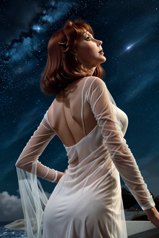 Beverly crusher (age 25, airy sheer white elegant gown), camera low looking up at her butt and a starry sky, a few tiny space ships fly across the sky, lush ocean world
